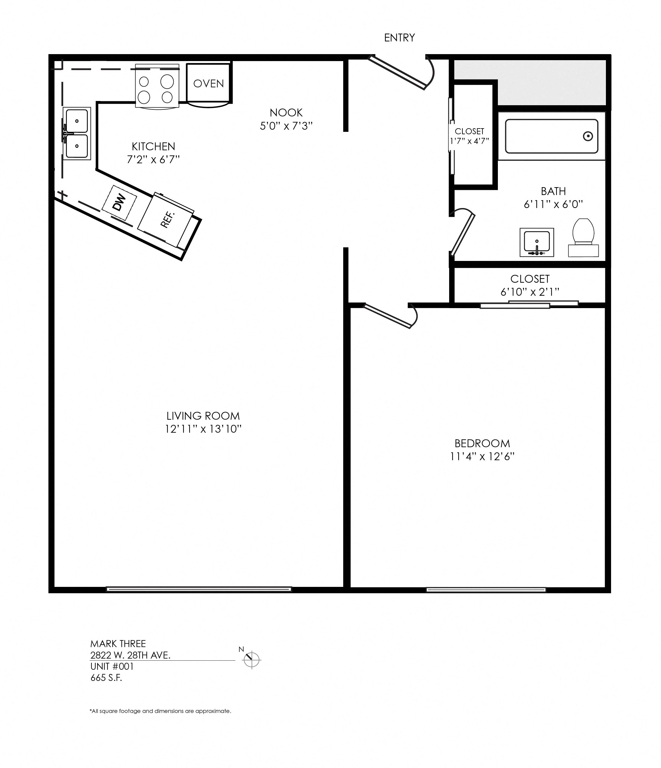 Floor plan for 1 bed, 1 bath, 695 sqft